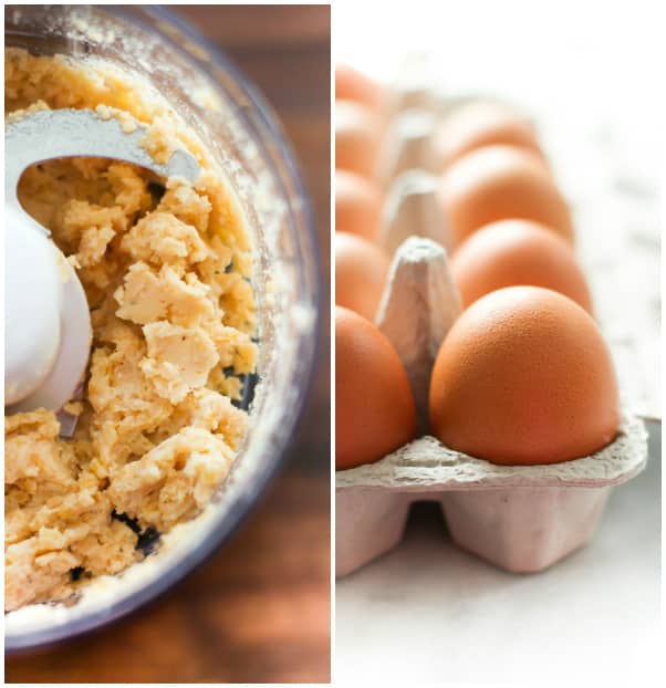 Two side by side photos, one of ingredients in a food processor and another of eggs in a carton.