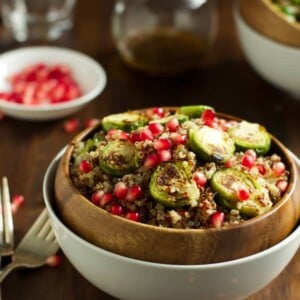 Overhead view of Quinoa Salad with Roasted Brussels Sprouts and Pomegramate