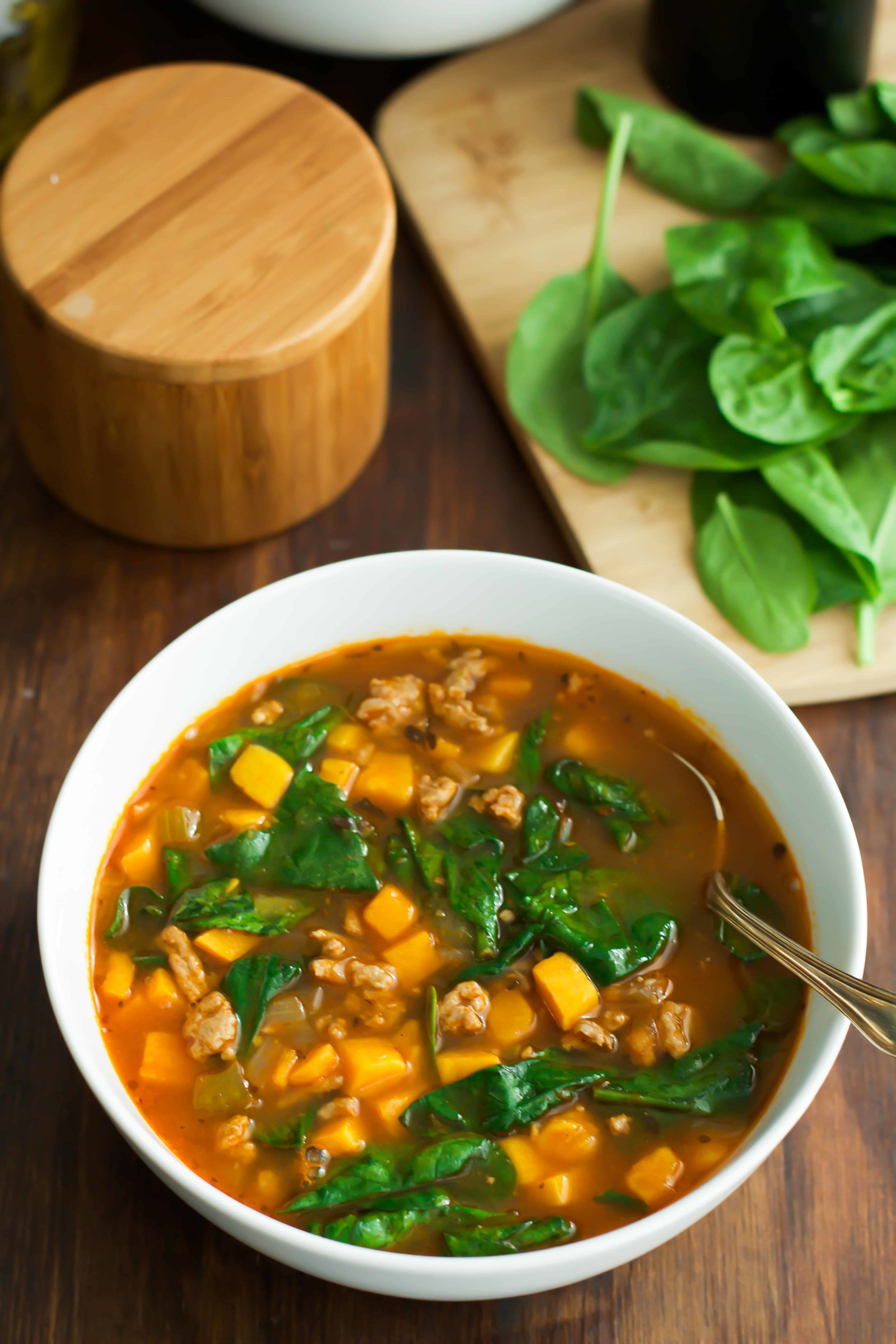 overhead view of a bowl containing spinach sweet potato soup