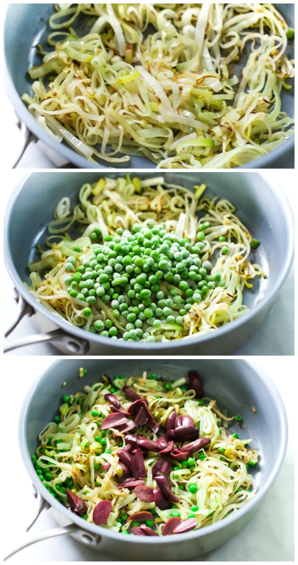 A set of three photos showing how to saute the leeks, adding in the peas, and then adding in the olives.
