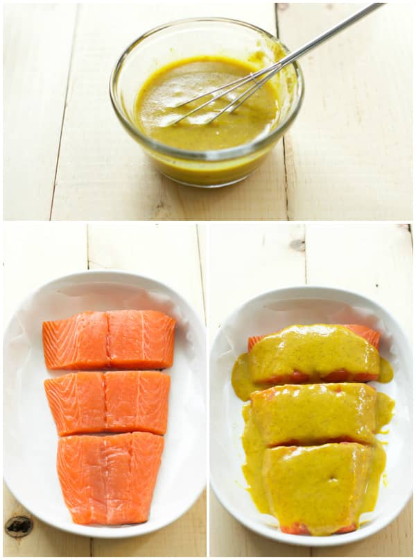 Step by step photos showing the maple mustard sauce being made then adding it into a casserole dish containing salmon.