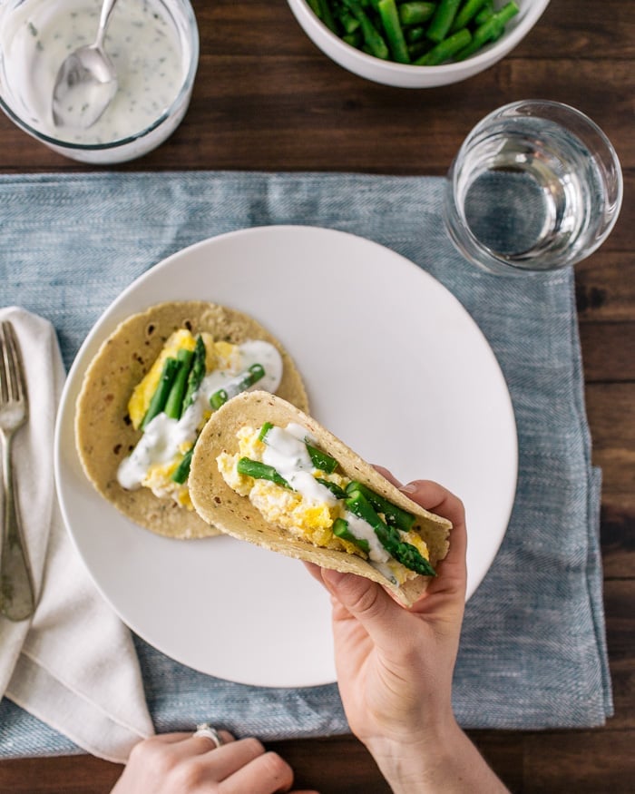 Ricotta Scrambled Egg and Asparagus Tacos.