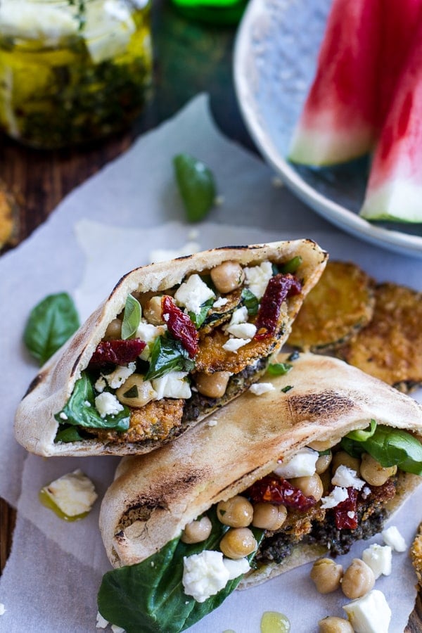 Greek olive pesto and fried zucchini grilled pitas with marinated feta and garbanzo beans.