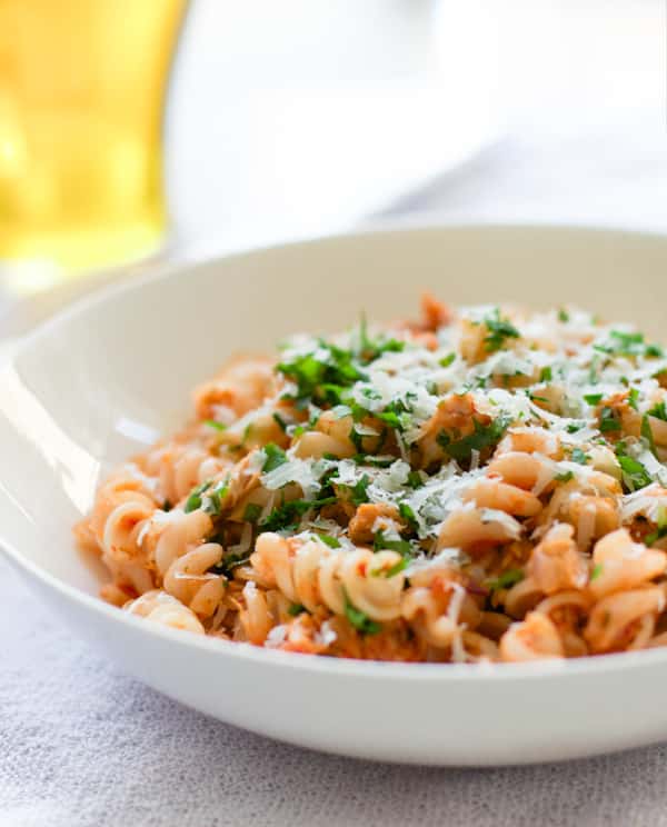 Quick easy tuna pasta in a bowl.