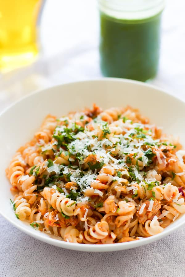 close-up of tuna pasta in a white bowl