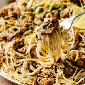 closeup of a fork with tuna pasta.