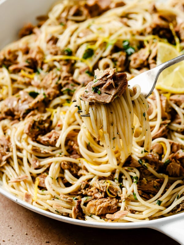 closeup of a fork with tuna pasta.