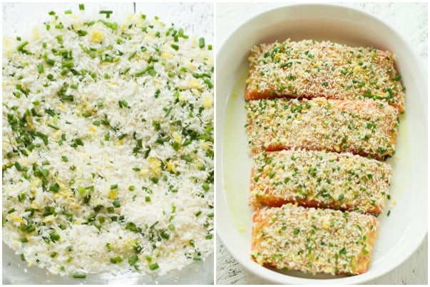 Two photos, one showing panko mixed with garlic, parsley, and lemon zest, and the second photo of the mixture on top of four salmon fillets.