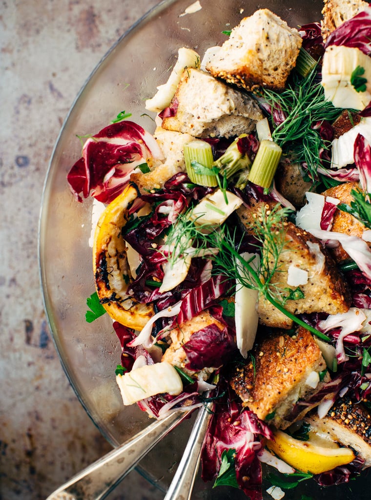 A bowl of roasted fennel panzanella.