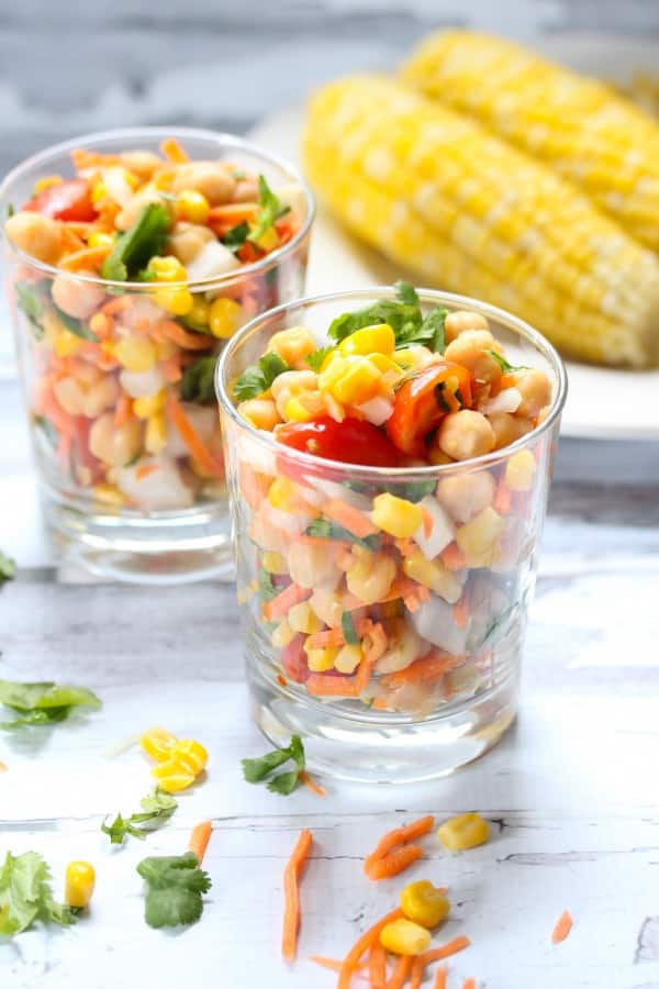 Two cups of sweet corn salad.