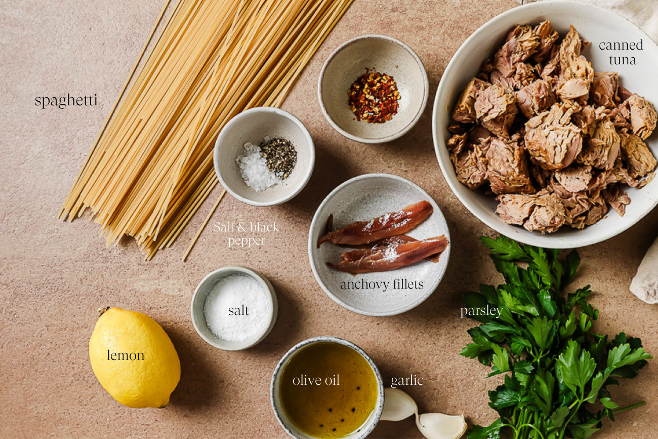 ingredients to make Tuna Pasta on a countertop