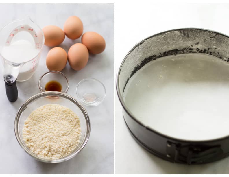 Two images, one showing the ingredients for almond cake and the other of a prepared cake pan.