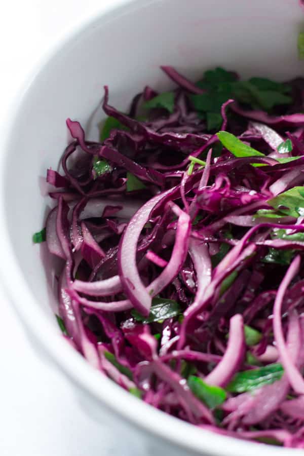 Close up of shredded cabbage.