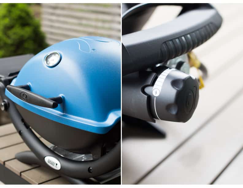 Close up photo of a blue grill.