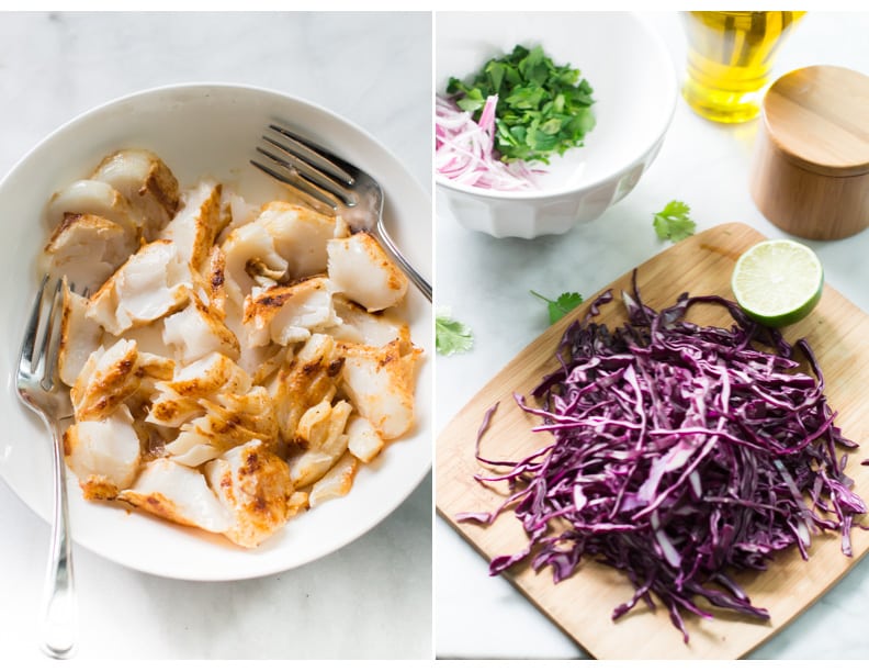 Instructional photos showing the dish being shredded with two forks and then a cutting board with shredded cabbage.