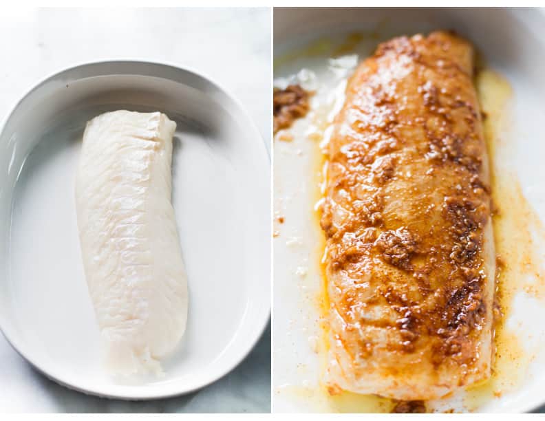 Instructional photos showing a piece of fish in a bowl and then the fish, seasoned.