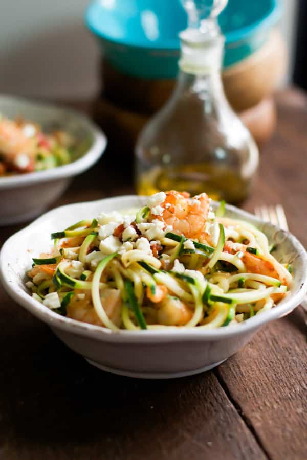 close-up of Garlic Shrimp with Zucchini Noodles in a white bowl