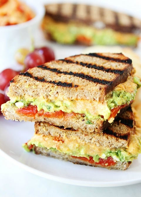 Grilled Roasted Red Pepper Hummus Avocado Feta Sandwich.