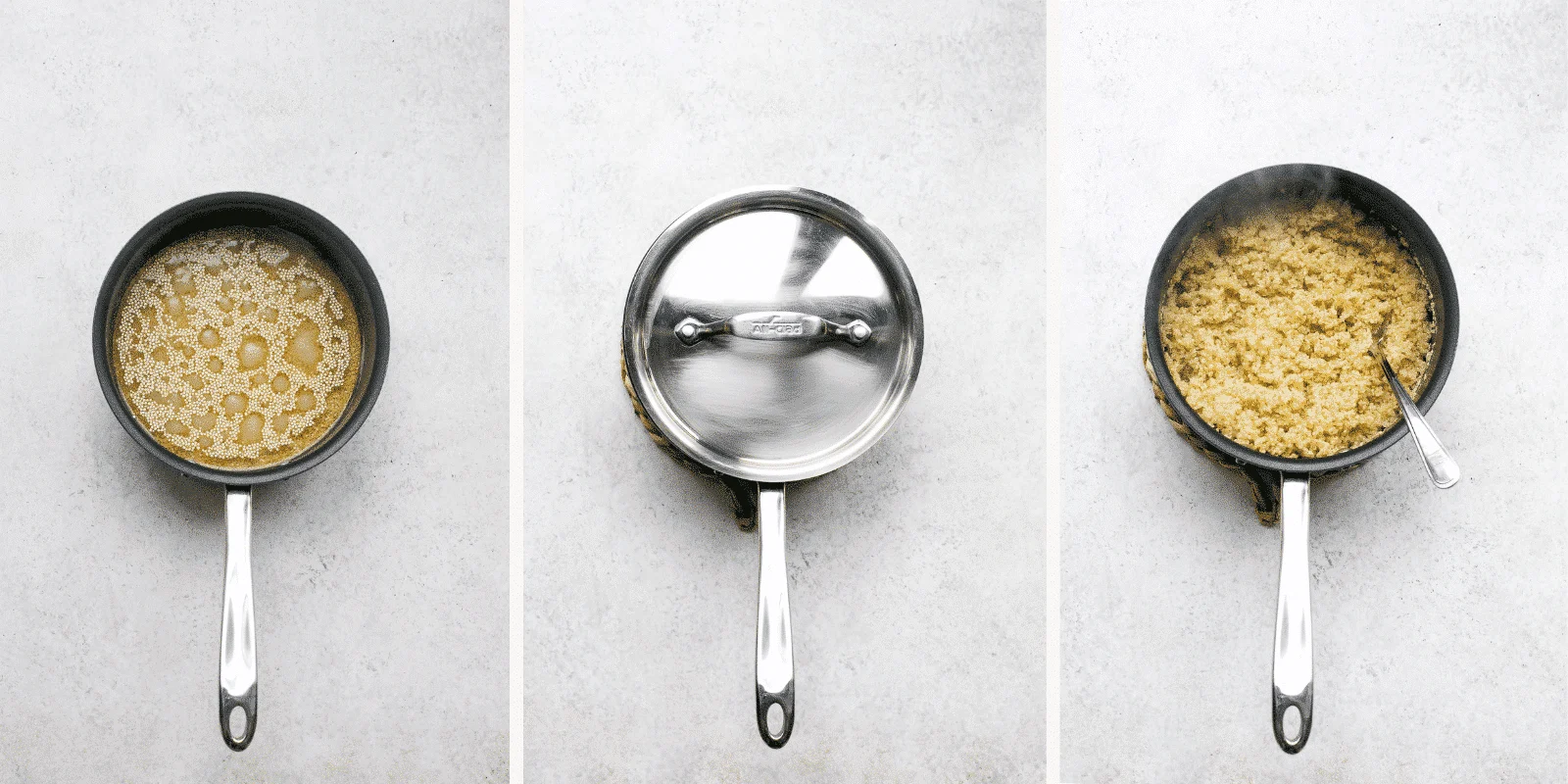 Three images show the process of cooking quinoa in a saucepan: simmering with bubbles, covered with a lid, and finished quinoa fluffed with a fork—perfect for making a fresh mango quinoa salad. All images are on a light background.