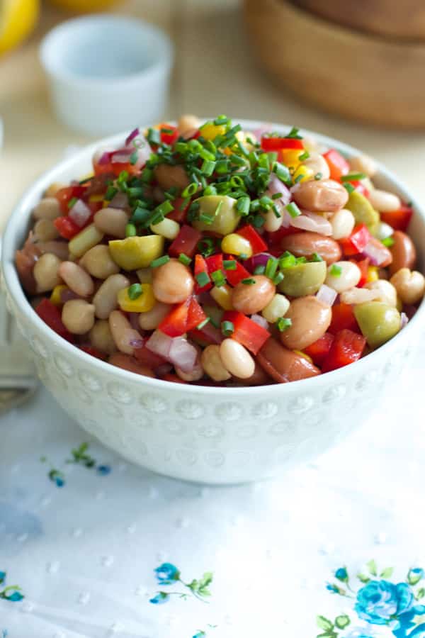 Close up of a bowl of bean salad.