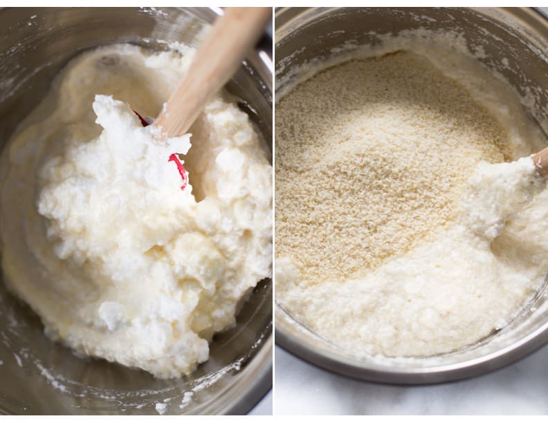 Image showing egg whites being folded into batter and then almond flour being added in.