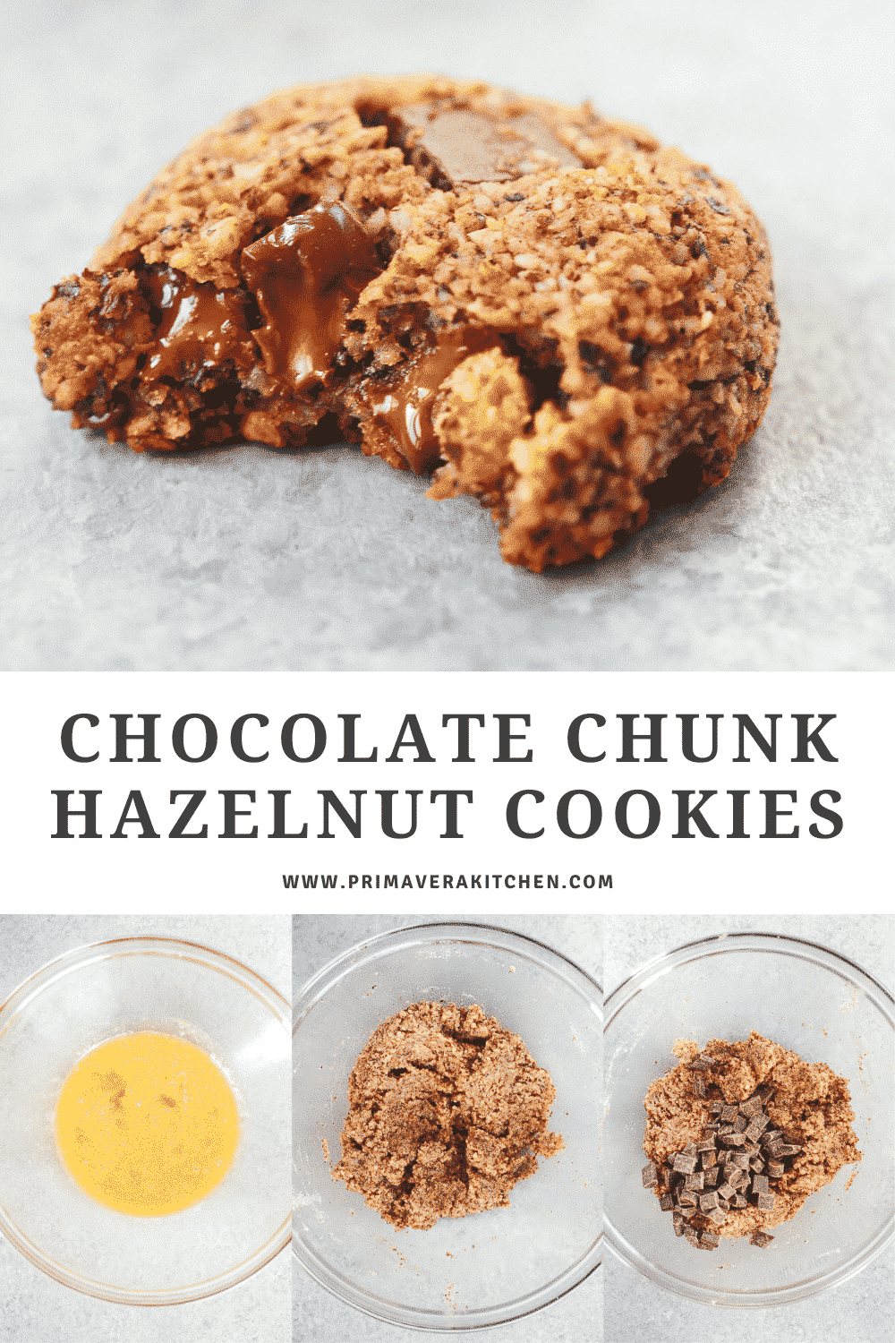 collage of cookies photos with a text that says \"Chocolate Chunk Hazelnut Cookies\"