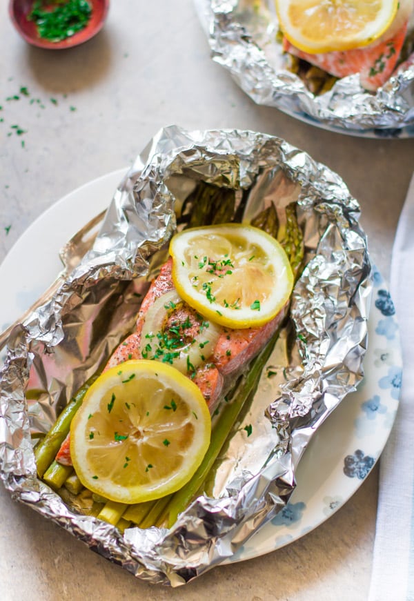 overhead view of a plate of Salmon with asparagus 