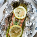 overhead view of foil baked salmon