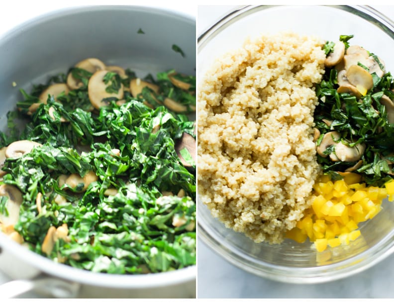 Instructional photos showing the greens and mushrooms sauted and then combined with the quinoa.