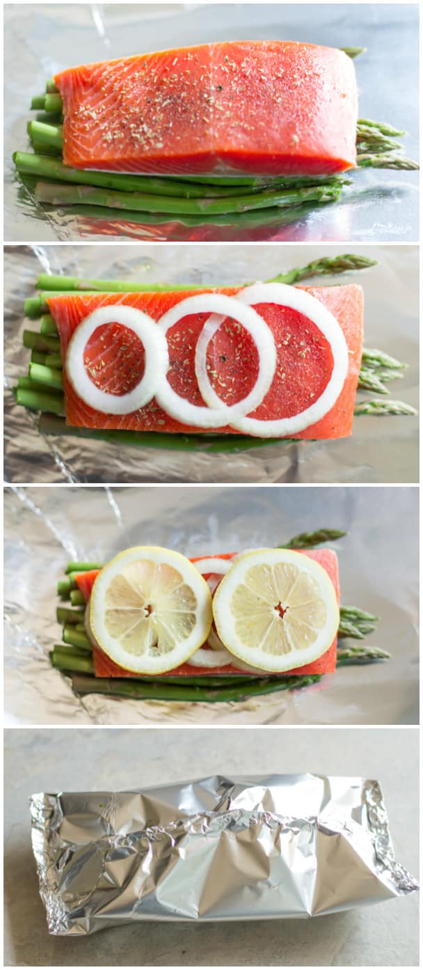 Instructional photos showing how to place the salmon over top the asparagus, then topped with onions, then lemon slices, then wrapped in tin foil.