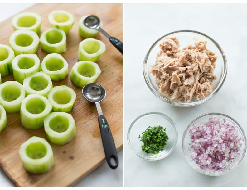 Instructional photos of cucumbers being hollowed out and the ingredients in three prep bowls.