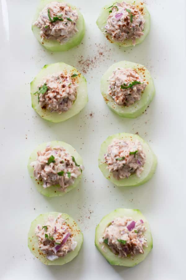 Overhead photo of tuna cucumber cups.