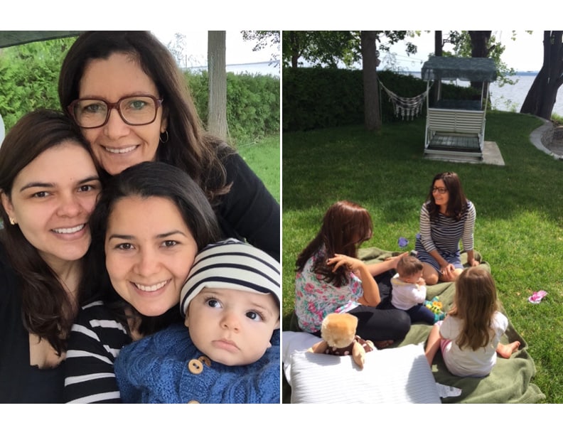Images of Olivia and family taking a selfie and sitting outside.