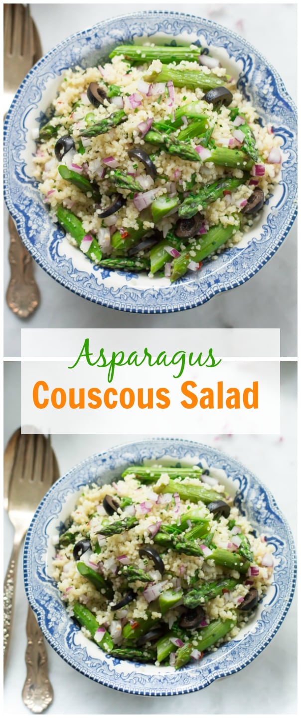 Asparagus Couscous Salad - This fresh, summery and simple asparagus couscous salad is tossed with asparagus, whole wheat couscous, red onions, kalamata olives and homemade vinaigrette. This is definitely a tasty and vibrant summer meal.
