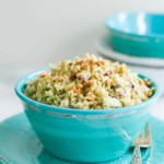Close-up view of Quinoa Cabbage Salad in a blue bowl