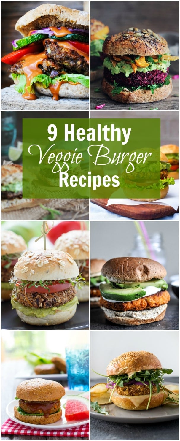 9 Healthy Veggie Burger Recipes A photo collage of different burgers with the title 9 Healthy Veggie Burger Recipes in the center.