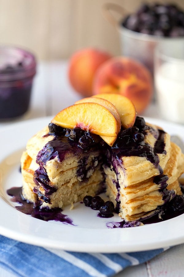 Greek Yogurt Pancakes with a Blueberry-Peach Syrup.