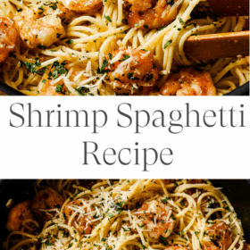 Close-up of Garlic Shrimp Spaghetti mixed with herbs and grated cheese, shown in a large pan and being served with tongs. Text reads Shrimp Spaghetti Recipe with a Primavera Kitchen logo.
