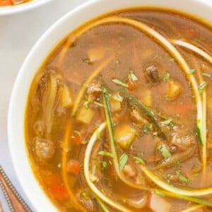 Close up of a bowl of zucchini noodle soup.