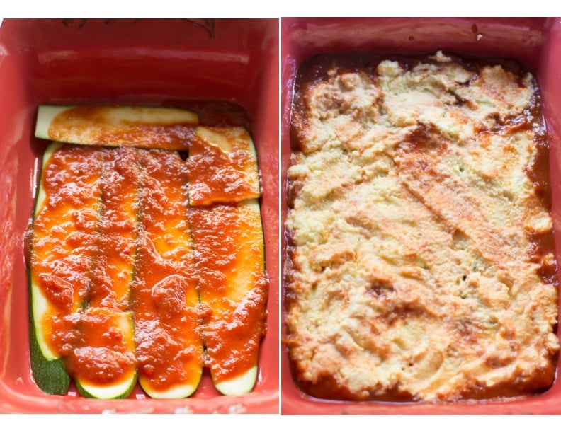 Set of two photos showing zucchini slices with sauce and then covered with the ricotta mixture.