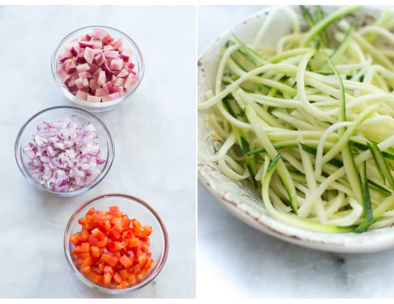 Set of two photos showing vegetables diced and zucchini noodles.