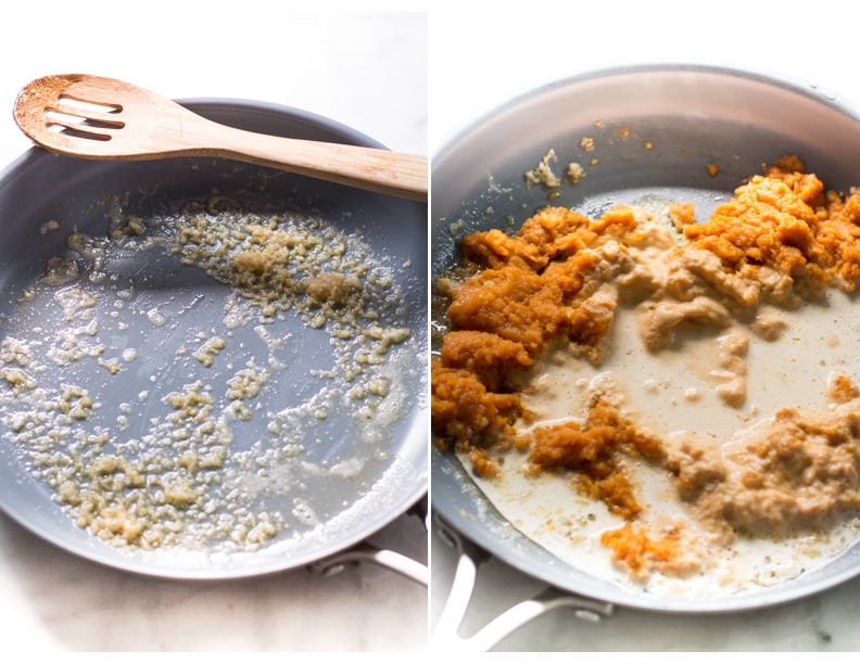 Set of two photos showing butter and garlic cooking in the skillet and then pumpkin and half and half added.