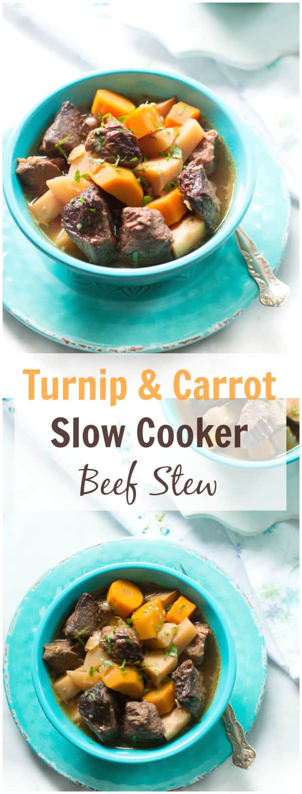 This is the perfect time of the year to load yourself up on hearty comfort foods like this delicious and healthy Turnip and Carrot Slow Cooker Beef Stew. 