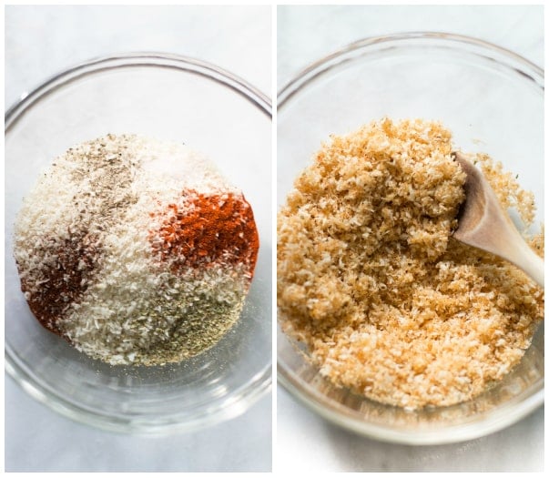 Set of two photos showing seasoning mixed together and then with panko.