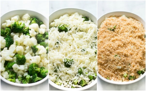 A set of three photos showing cauliflower and broccoli added to a casserole dish, topped with cheese, and then the seasoned panko mix.