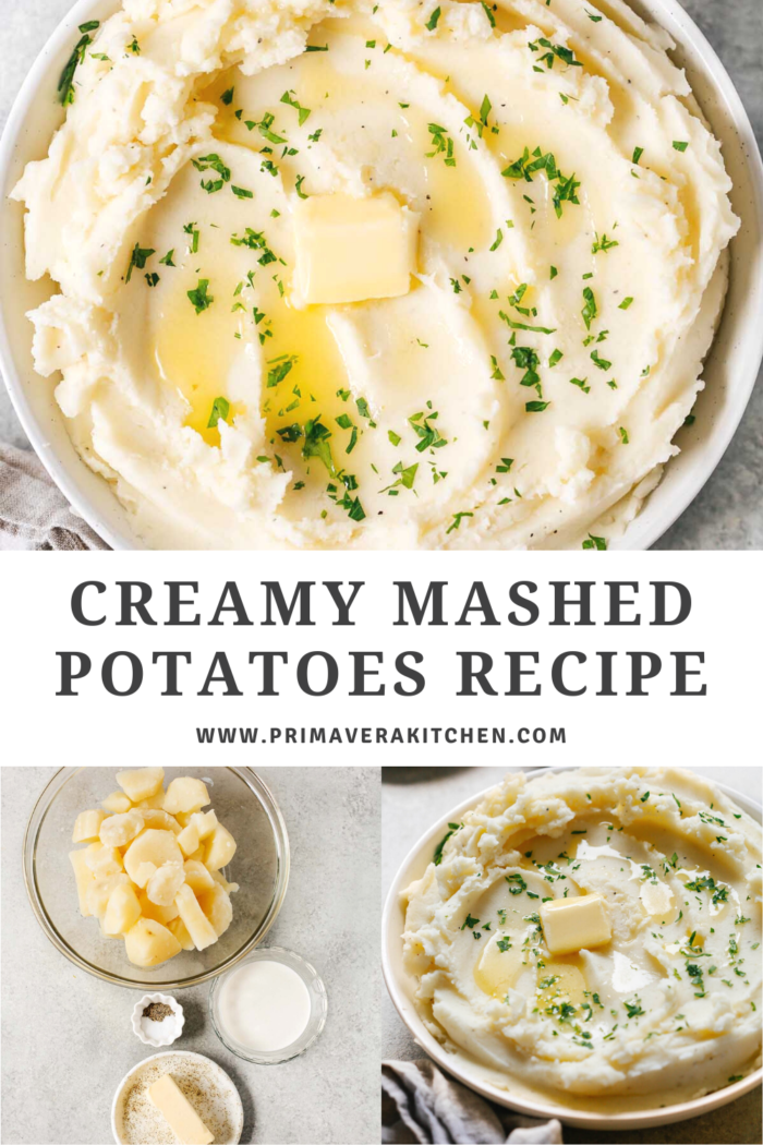 collage of photos with a text that says \"Creamy Mashed Potatoes Recipe\"