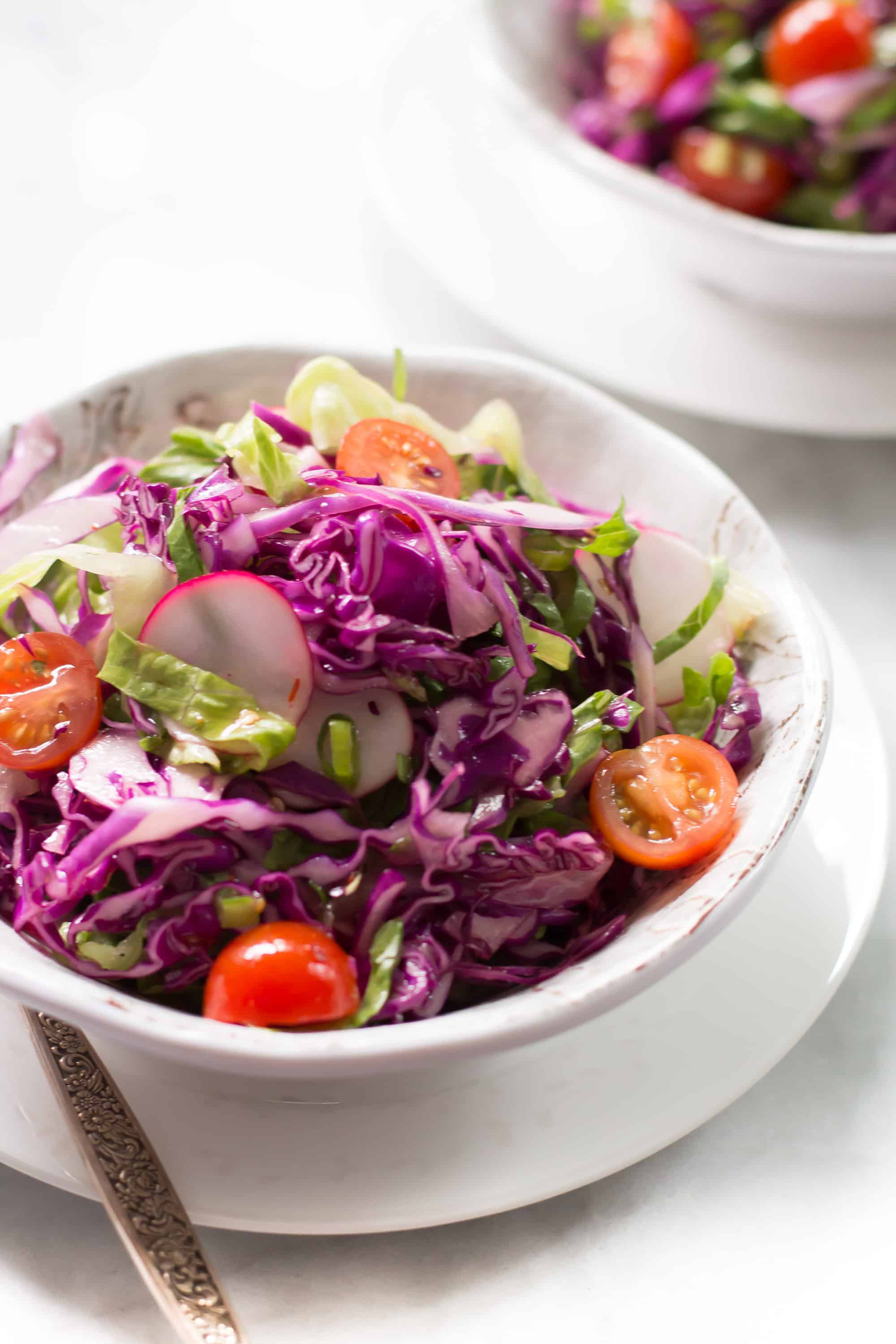 A bowl of easy quick red cabbage salad.