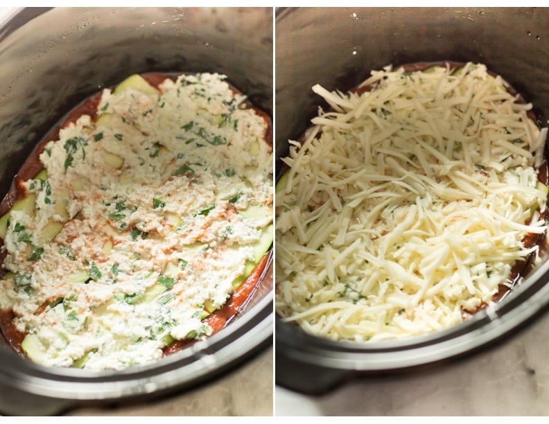 Set of two photos showing ricotta mix and parmesan added to the slow cooker.