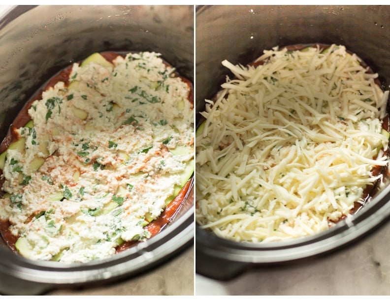 Slow Cooker Zucchini Lasagna - This lasagna is going to become your favourite lasagna recipe not only because I used zucchini instead of noodles, but also made in the slow cooker. Set of two photos showing ricotta mix and parmesan added to the slow cooker.