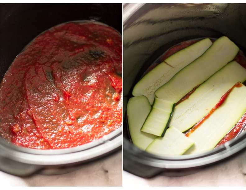 Set of two photos showing sauce added to a slow cooker and then layered zucchini slices on top.